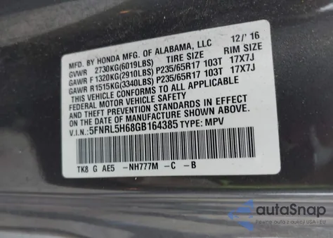 2016 Honda Odyssey Ex-L from USA, damaged, VIN 5FNRL5H68GB164385